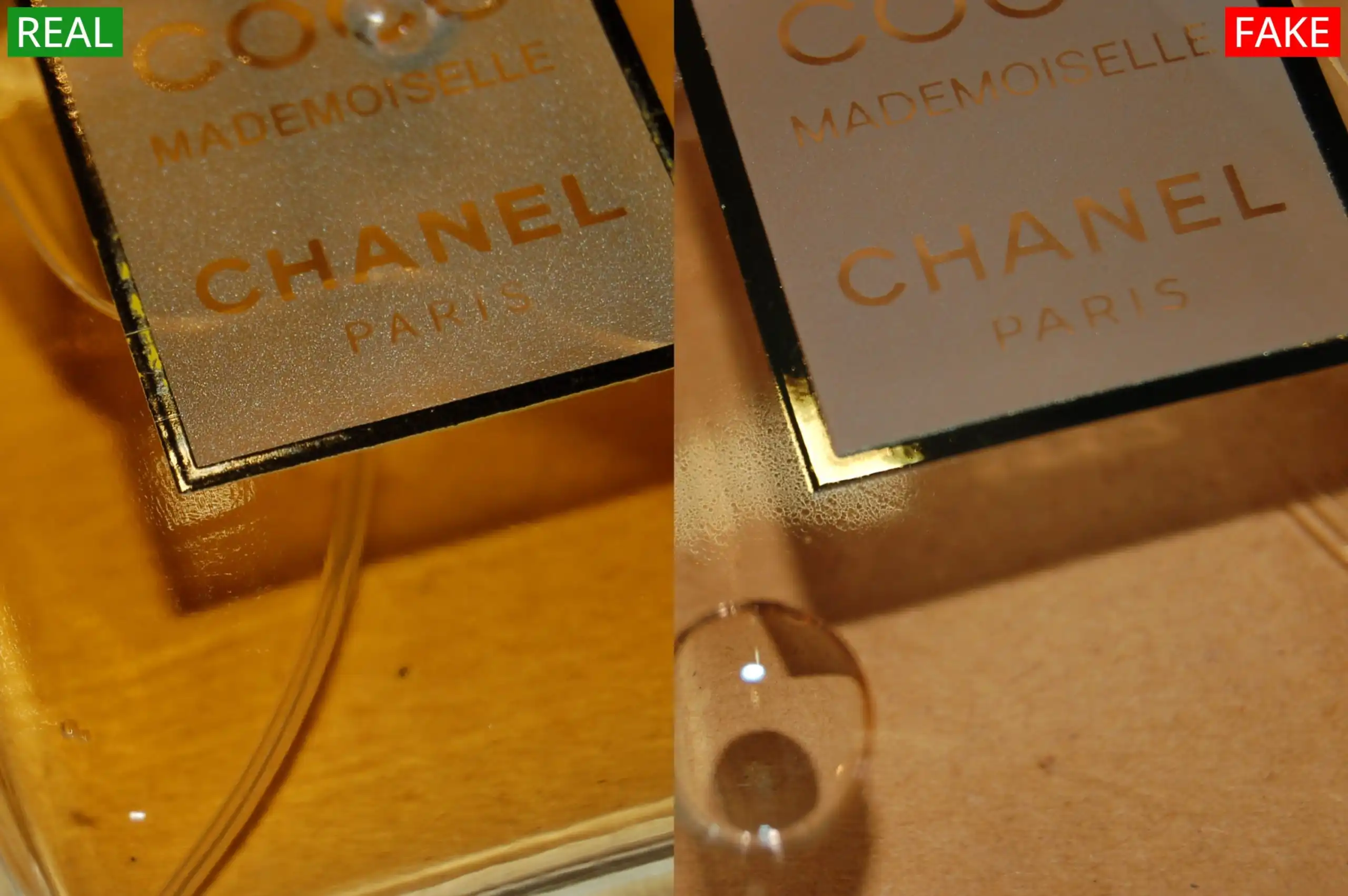 Cách phát hiện Chanel Coco Mademoiselle Fake bằng Chữ in màu vàng
