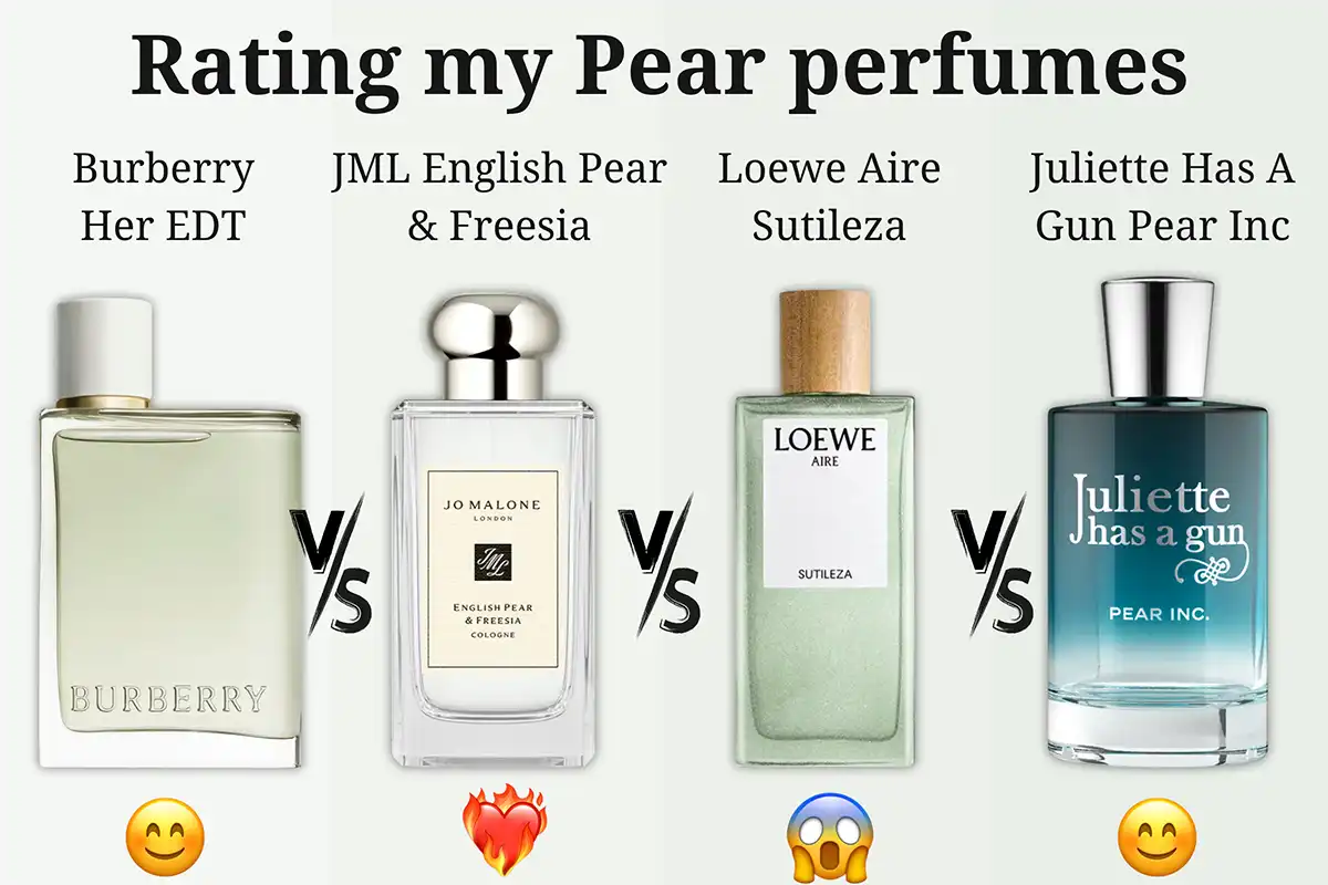 Note Trái Lê: Burberry Her EDT vs. Jo Malone English Pear & Freesia vs. Loewe Aire Sutileza vs. Juliette Has A Gun Pear Inc