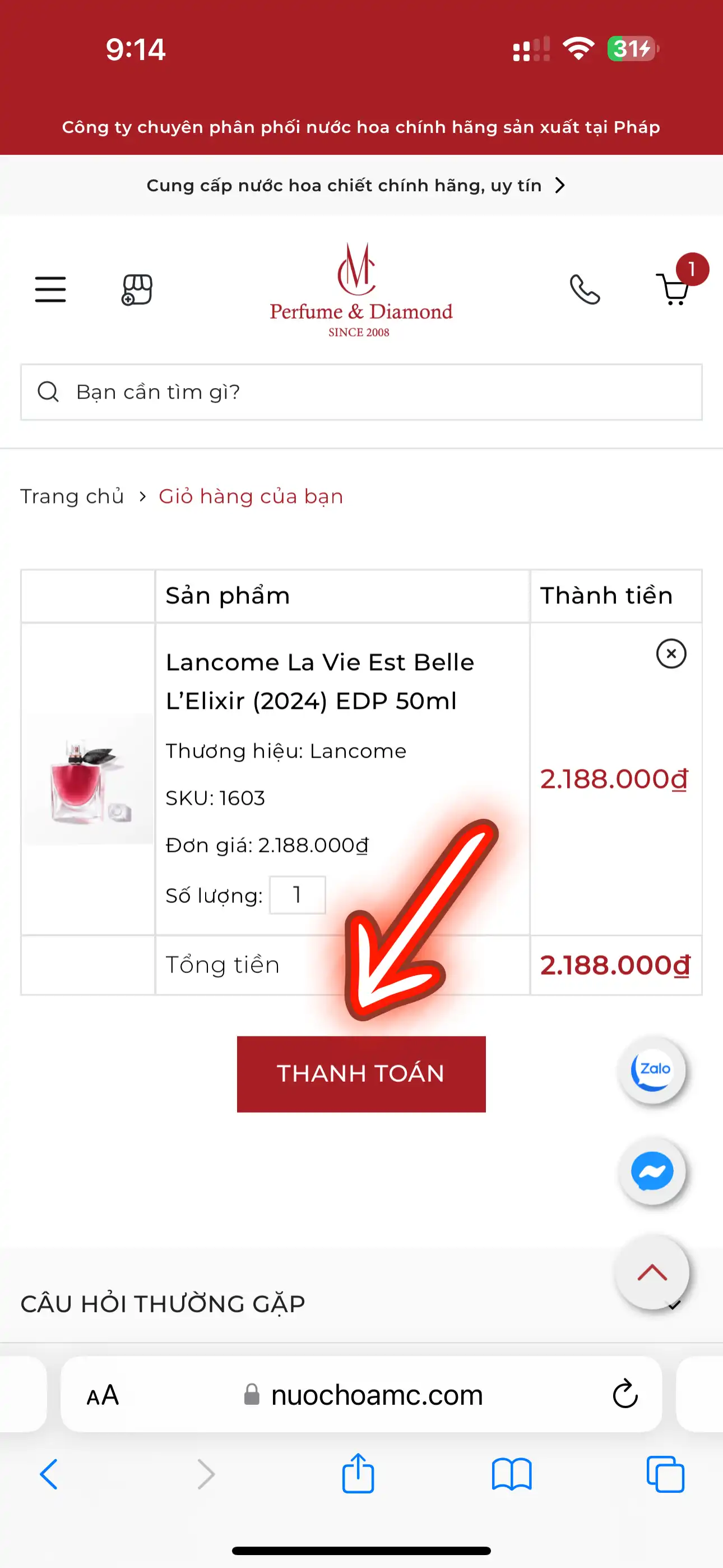 Kiểm tra đơn hàng, số lượng và sản phẩm bạn muốn mua. Và nhấn nút “Thanh toán”