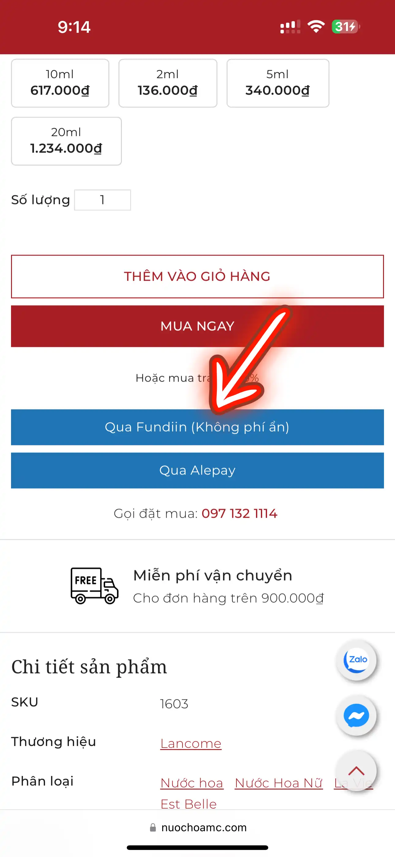 1. Chọn sản phẩm muốn mua và nhấn vào nút “Trả góp qua Fundiin (Không phí ẩn)”